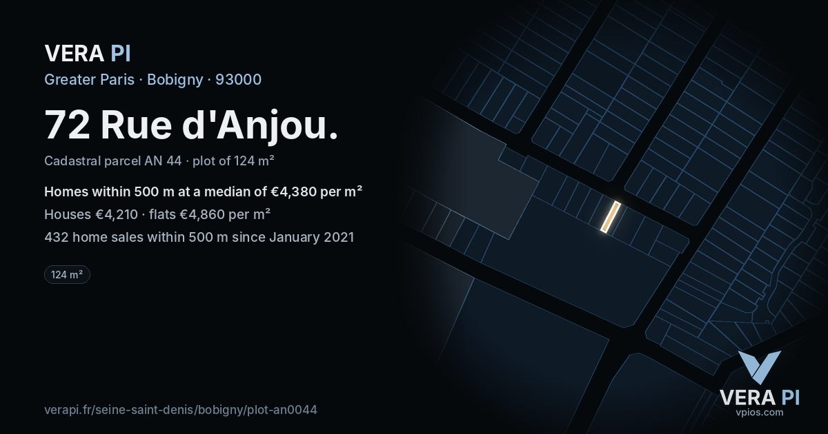 72 Rue d'Anjou, Bobigny at night – the plot lit, the parcels around coloured by the prices near them