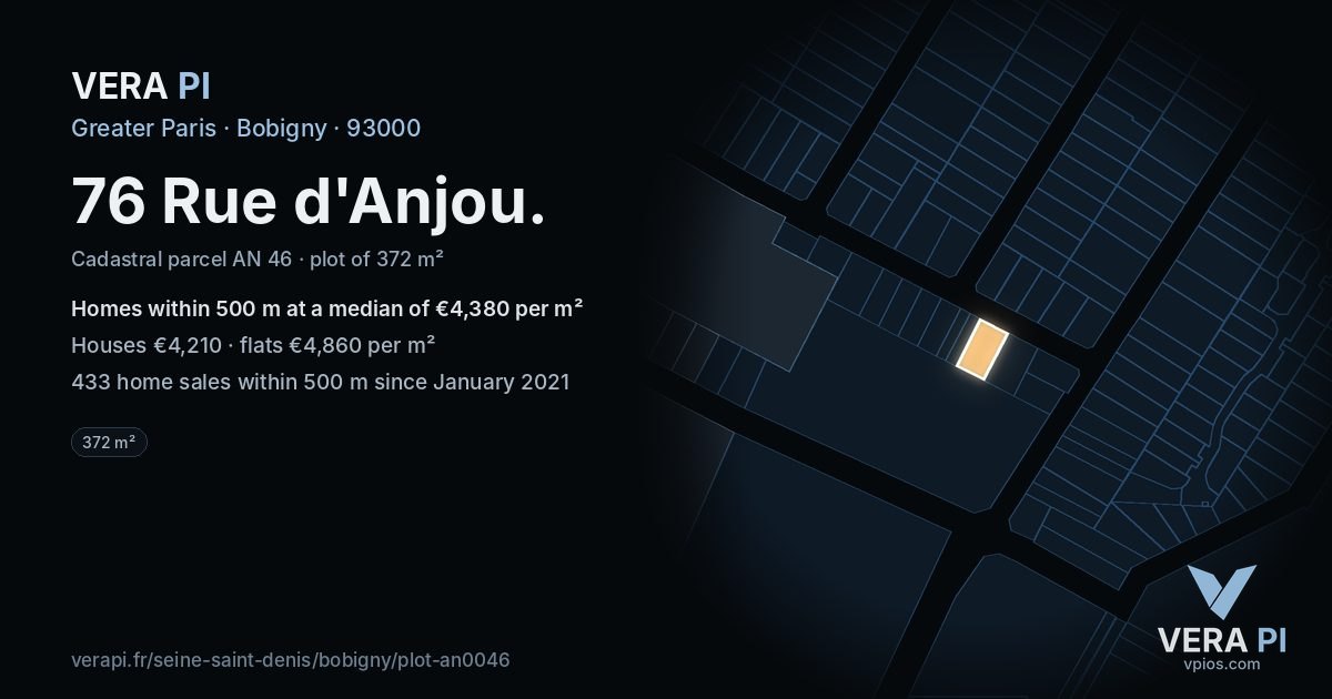 76 Rue d'Anjou, Bobigny at night – the plot lit, the parcels around coloured by the prices near them