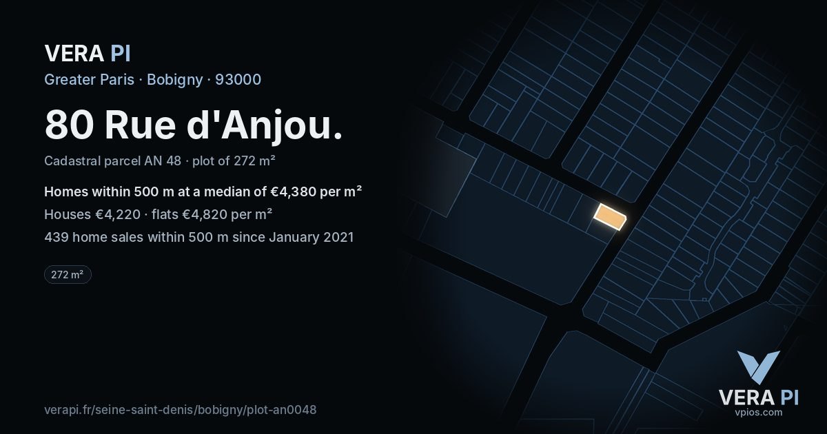80 Rue d'Anjou, Bobigny at night – the plot lit, the parcels around coloured by the prices near them