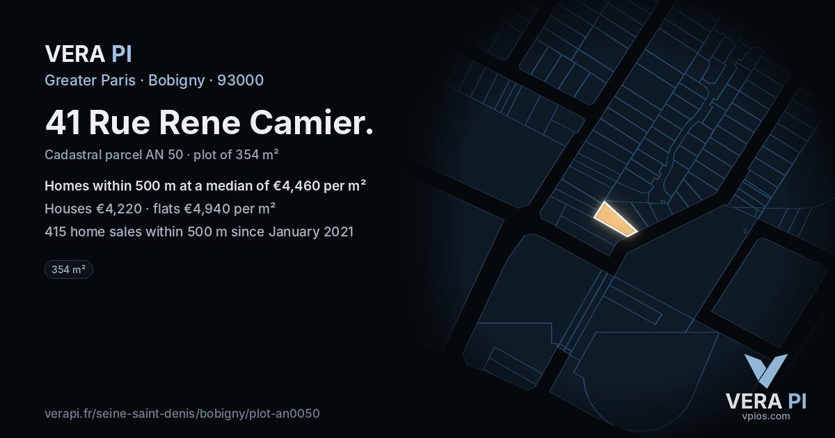 41 Rue Rene Camier, Bobigny at night – the plot lit, the parcels around coloured by the prices near them