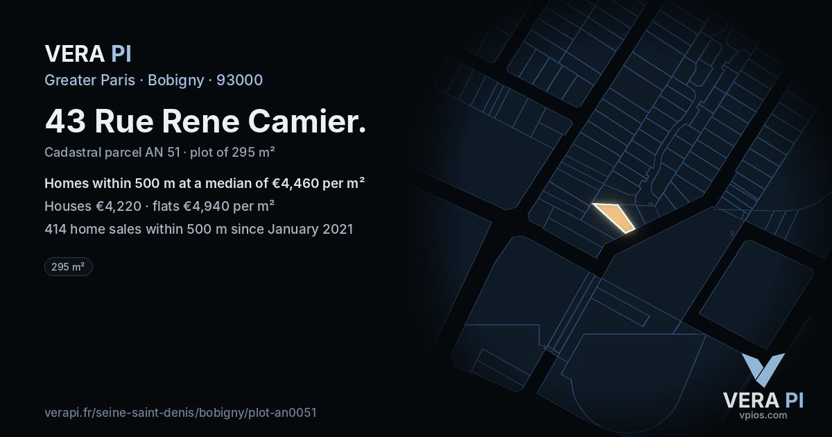 43 Rue Rene Camier, Bobigny at night – the plot lit, the parcels around coloured by the prices near them