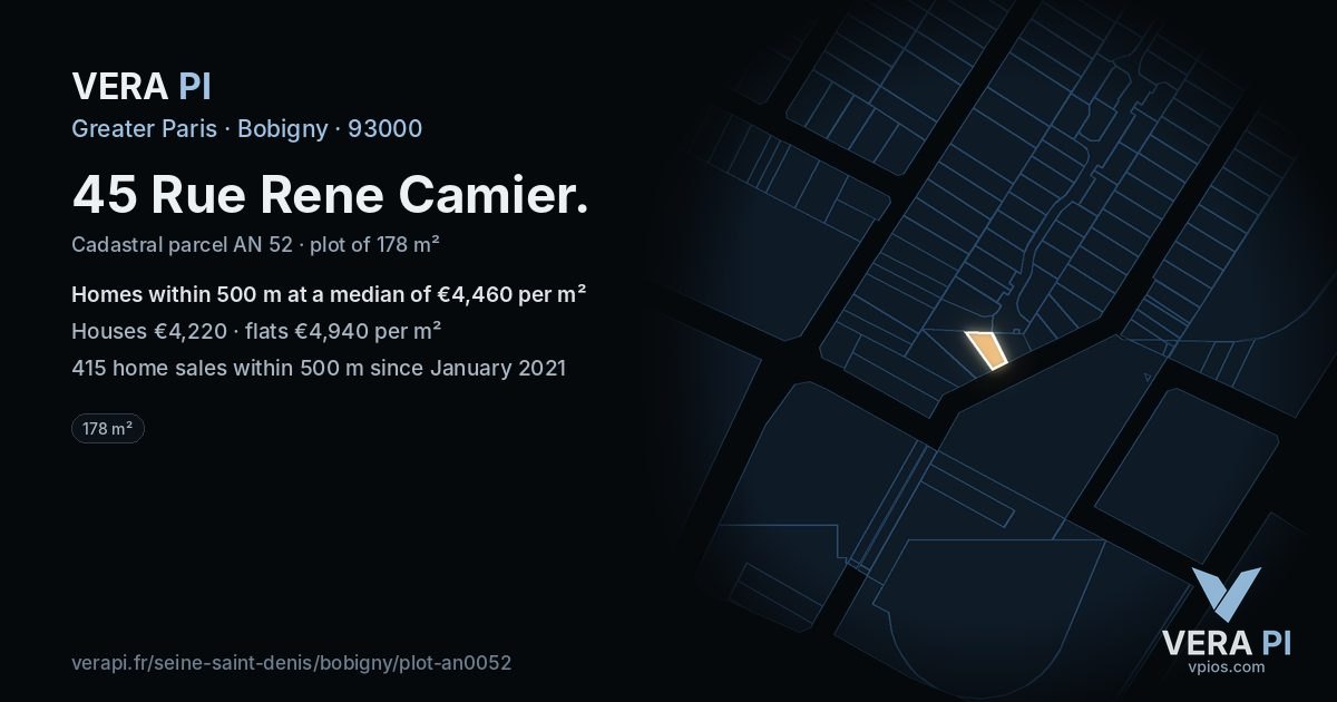 45 Rue Rene Camier, Bobigny at night – the plot lit, the parcels around coloured by the prices near them