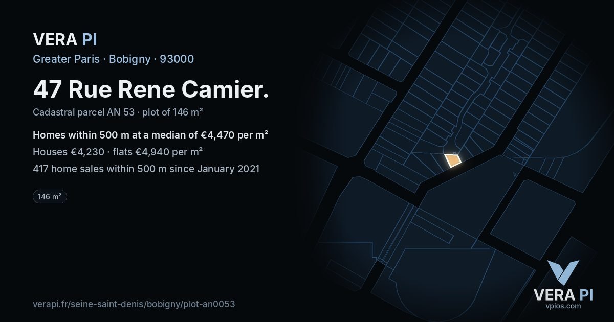 47 Rue Rene Camier, Bobigny at night – the plot lit, the parcels around coloured by the prices near them
