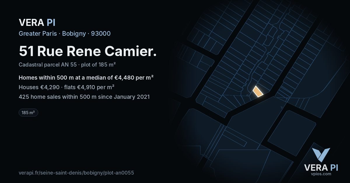 51 Rue Rene Camier, Bobigny at night – the plot lit, the parcels around coloured by the prices near them