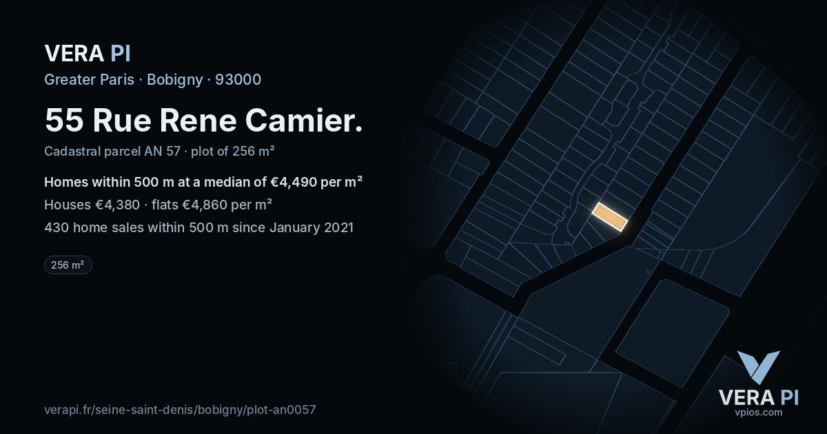 55 Rue Rene Camier, Bobigny at night – the plot lit, the parcels around coloured by the prices near them