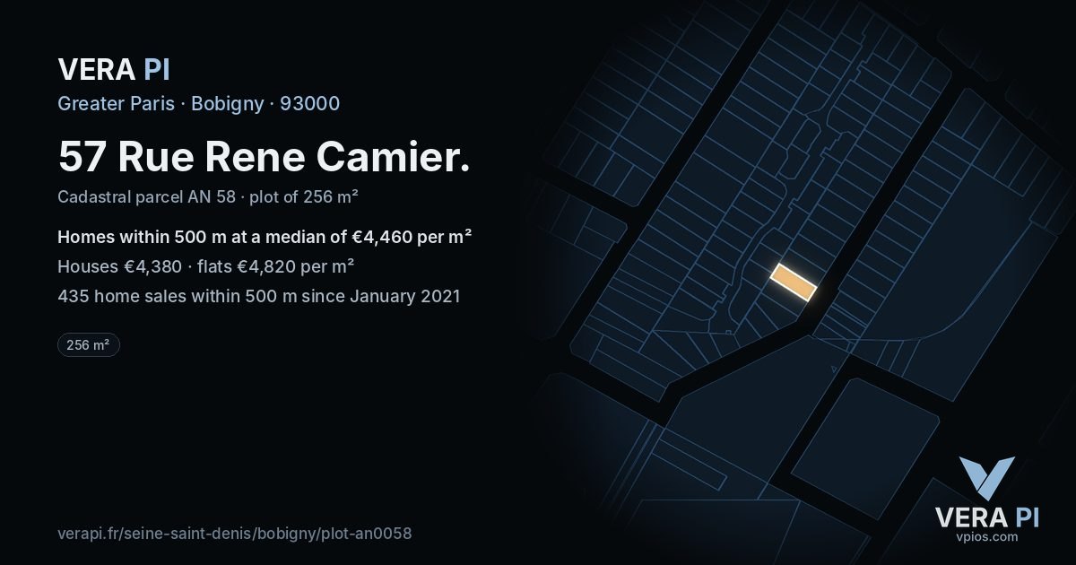57 Rue Rene Camier, Bobigny at night – the plot lit, the parcels around coloured by the prices near them