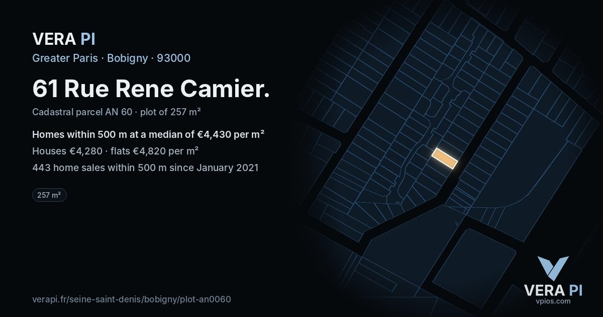61 Rue Rene Camier, Bobigny at night – the plot lit, the parcels around coloured by the prices near them