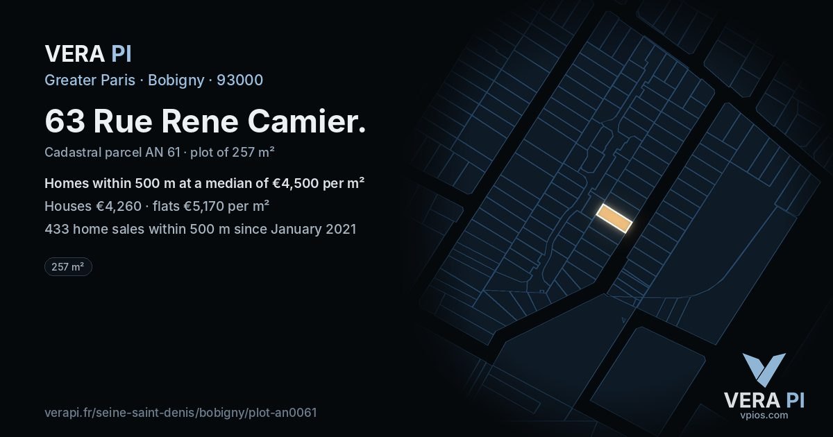 63 Rue Rene Camier, Bobigny at night – the plot lit, the parcels around coloured by the prices near them