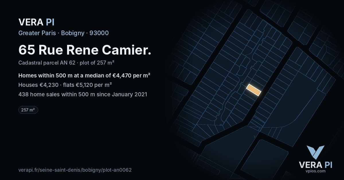 65 Rue Rene Camier, Bobigny at night – the plot lit, the parcels around coloured by the prices near them