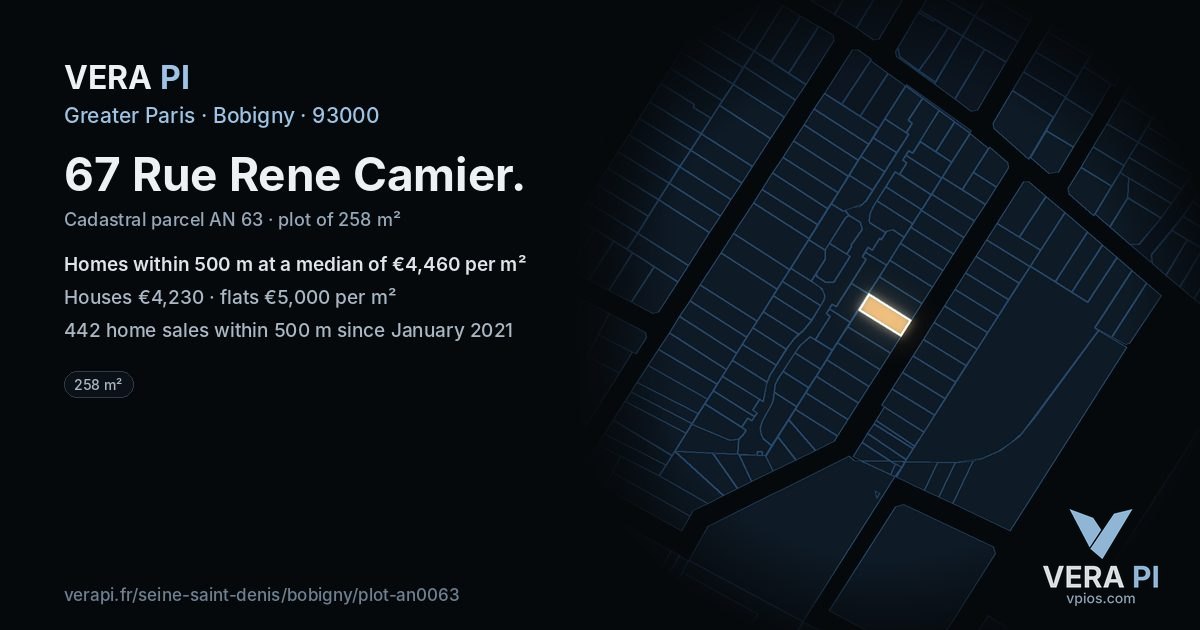 67 Rue Rene Camier, Bobigny at night – the plot lit, the parcels around coloured by the prices near them