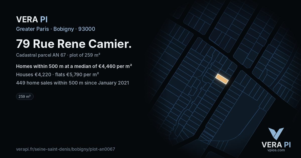 79 Rue Rene Camier, Bobigny at night – the plot lit, the parcels around coloured by the prices near them