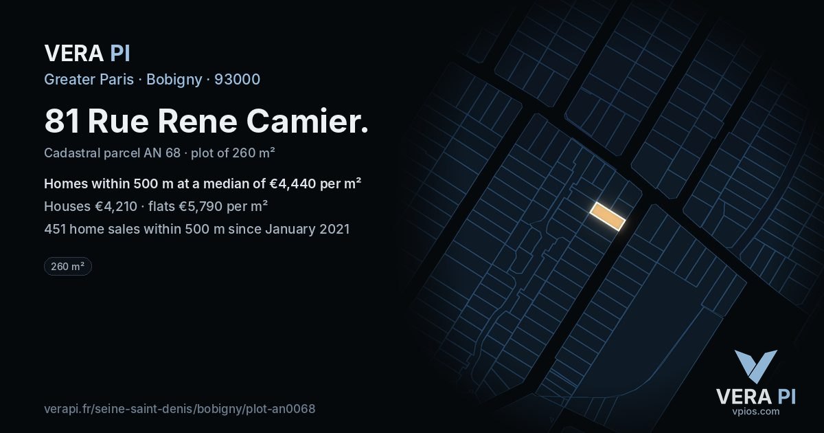 81 Rue Rene Camier, Bobigny at night – the plot lit, the parcels around coloured by the prices near them