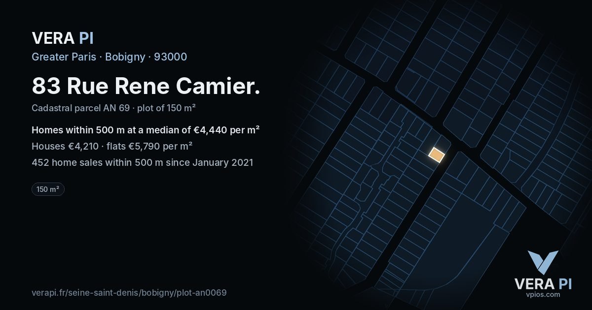 83 Rue Rene Camier, Bobigny at night – the plot lit, the parcels around coloured by the prices near them