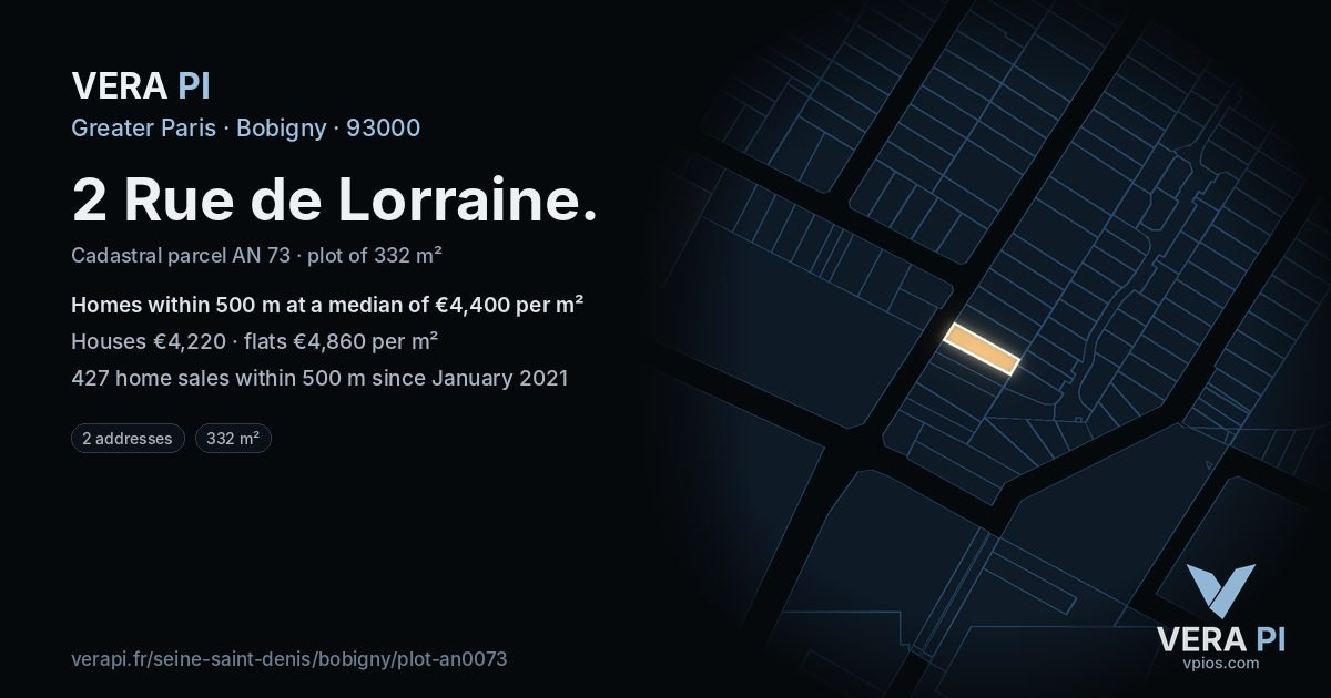 2 Rue de Lorraine, Bobigny at night – the plot lit, the parcels around coloured by the prices near them