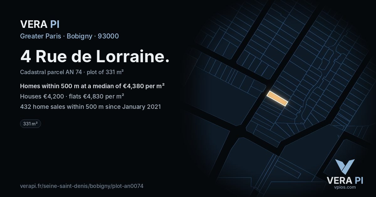4 Rue de Lorraine, Bobigny at night – the plot lit, the parcels around coloured by the prices near them