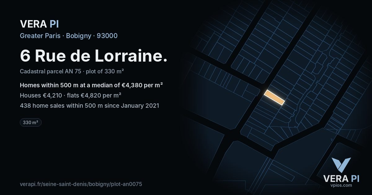 6 Rue de Lorraine, Bobigny at night – the plot lit, the parcels around coloured by the prices near them