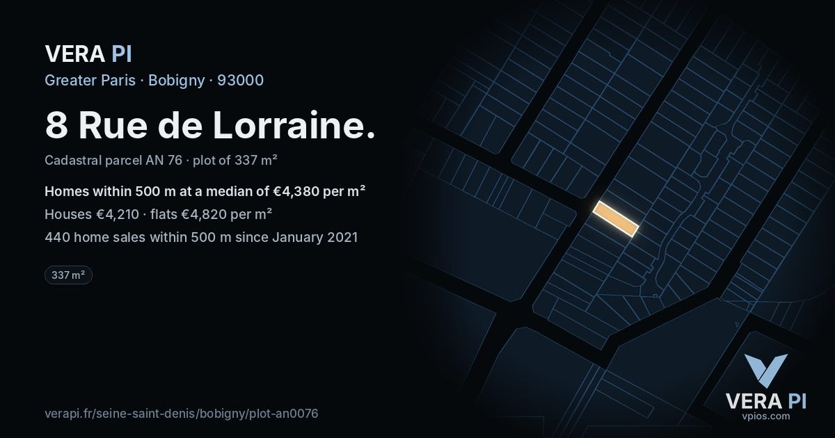 8 Rue de Lorraine, Bobigny at night – the plot lit, the parcels around coloured by the prices near them