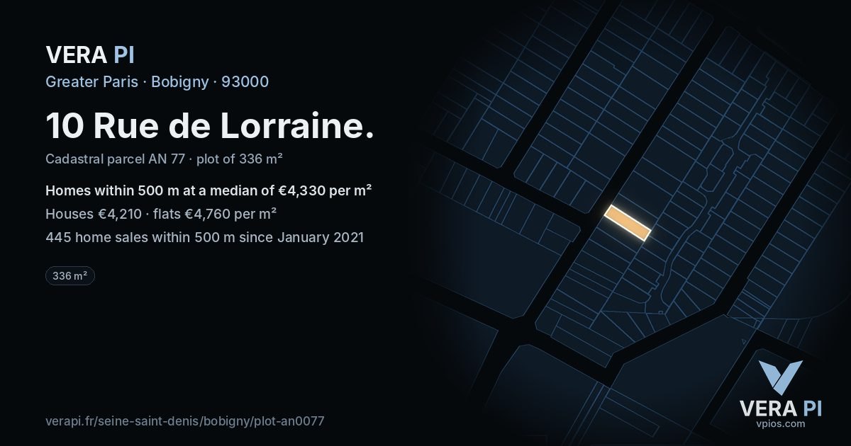 10 Rue de Lorraine, Bobigny at night – the plot lit, the parcels around coloured by the prices near them
