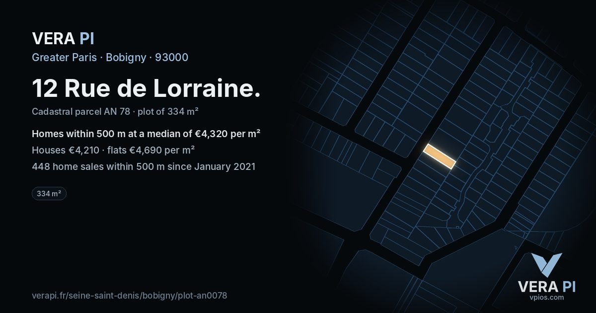 12 Rue de Lorraine, Bobigny at night – the plot lit, the parcels around coloured by the prices near them