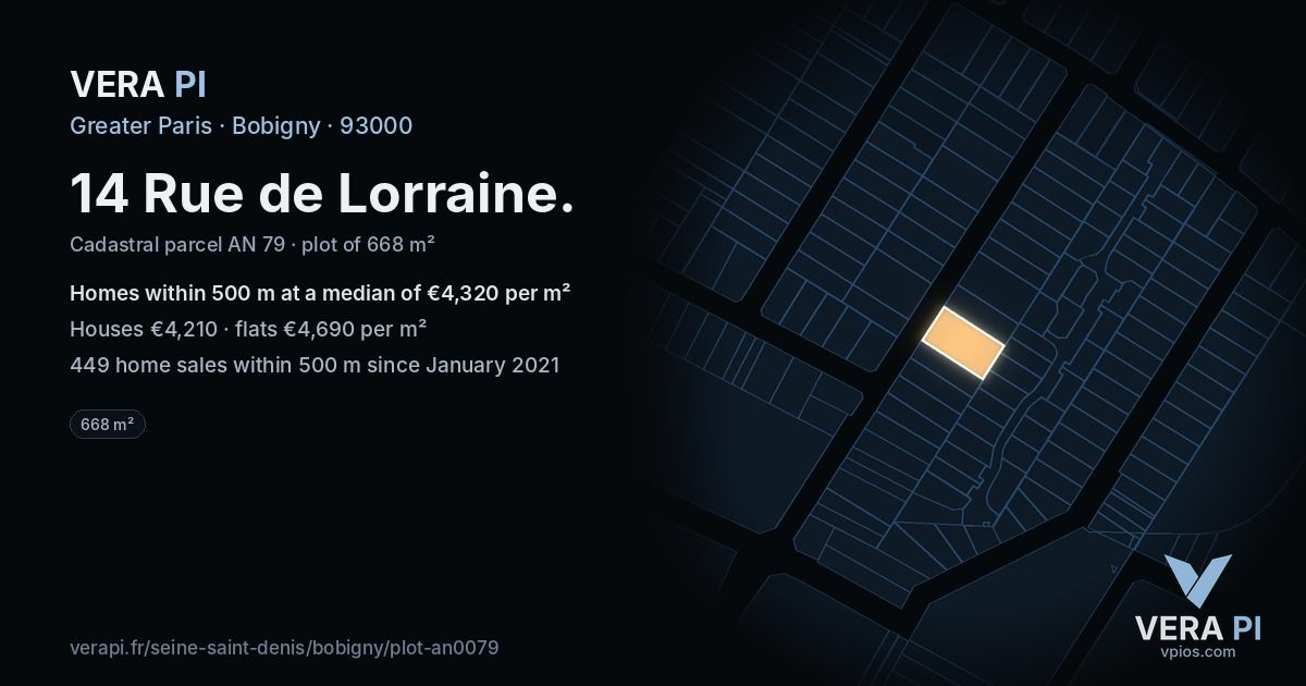 14 Rue de Lorraine, Bobigny at night – the plot lit, the parcels around coloured by the prices near them