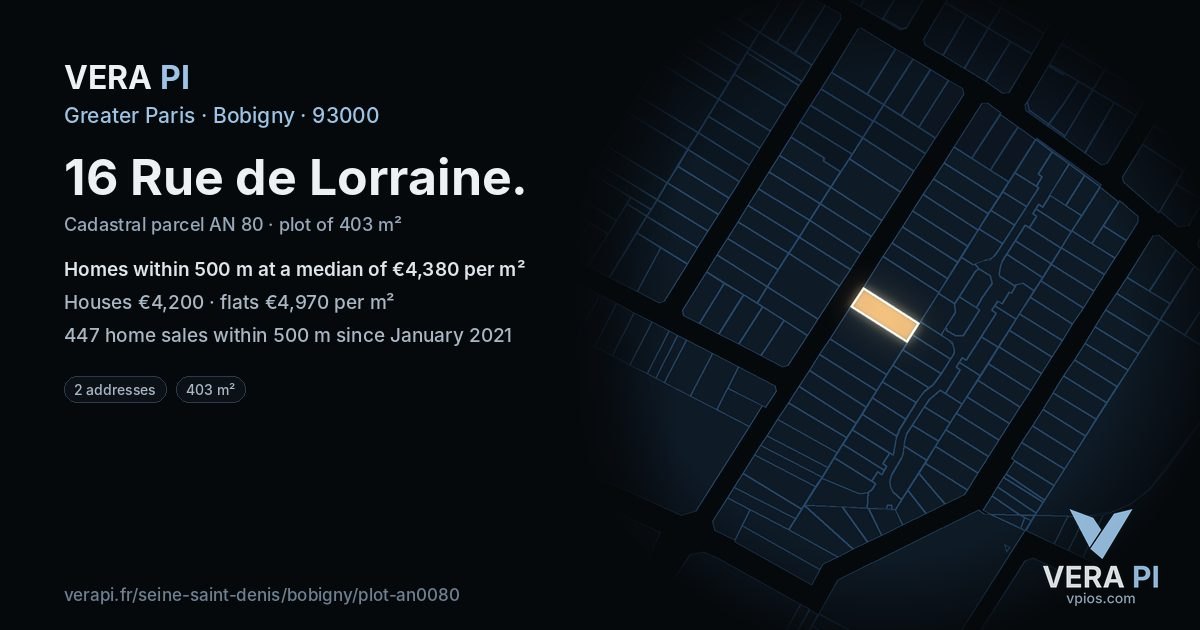 16 Rue de Lorraine, Bobigny at night – the plot lit, the parcels around coloured by the prices near them