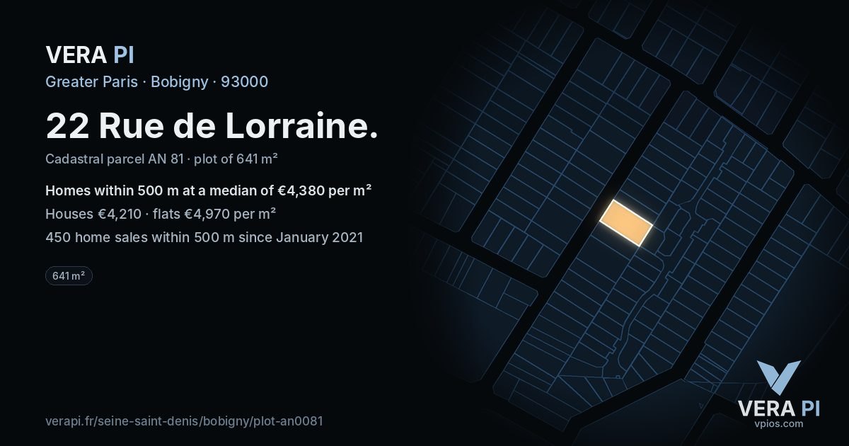 22 Rue de Lorraine, Bobigny at night – the plot lit, the parcels around coloured by the prices near them