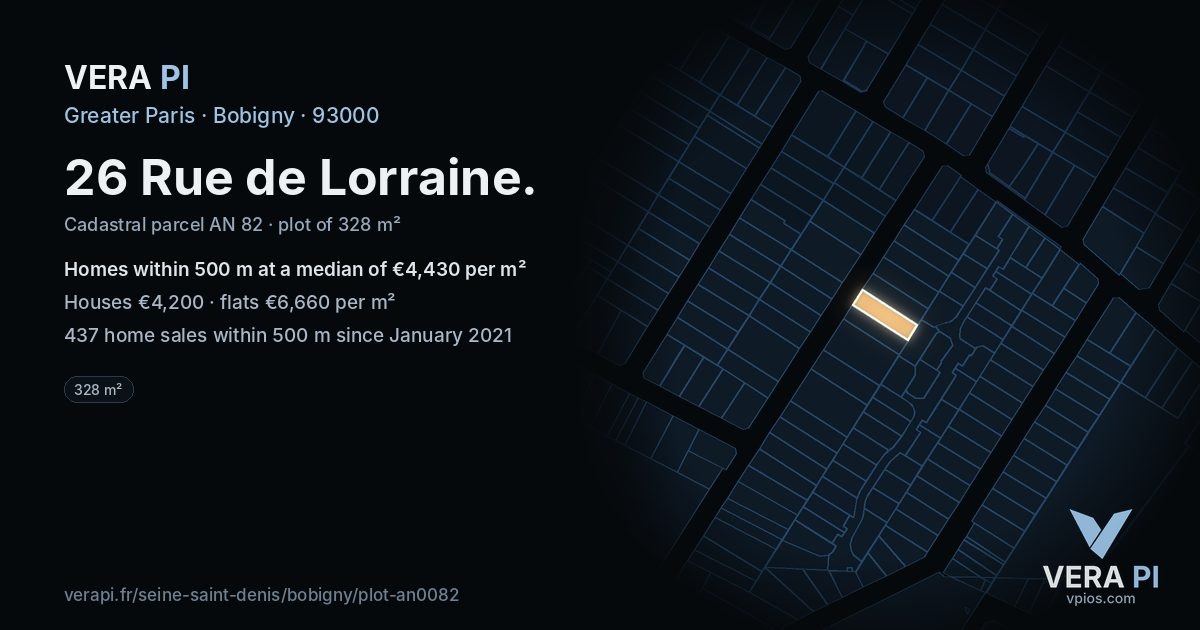 26 Rue de Lorraine, Bobigny at night – the plot lit, the parcels around coloured by the prices near them