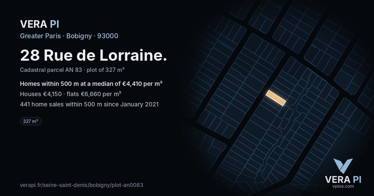28 Rue de Lorraine, Bobigny at night – the plot lit, the parcels around coloured by the prices near them