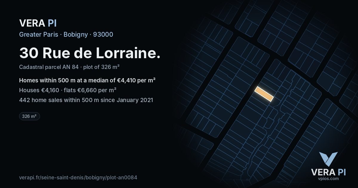 30 Rue de Lorraine, Bobigny at night – the plot lit, the parcels around coloured by the prices near them