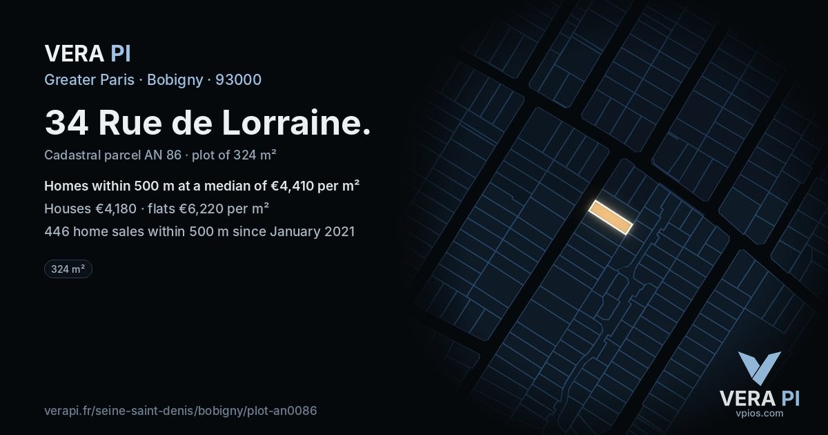 34 Rue de Lorraine, Bobigny at night – the plot lit, the parcels around coloured by the prices near them