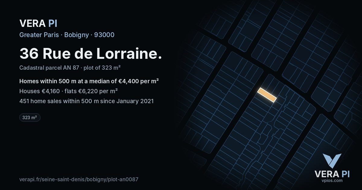 36 Rue de Lorraine, Bobigny at night – the plot lit, the parcels around coloured by the prices near them