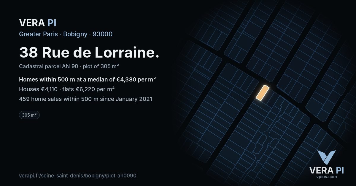 38 Rue de Lorraine, Bobigny at night – the plot lit, the parcels around coloured by the prices near them
