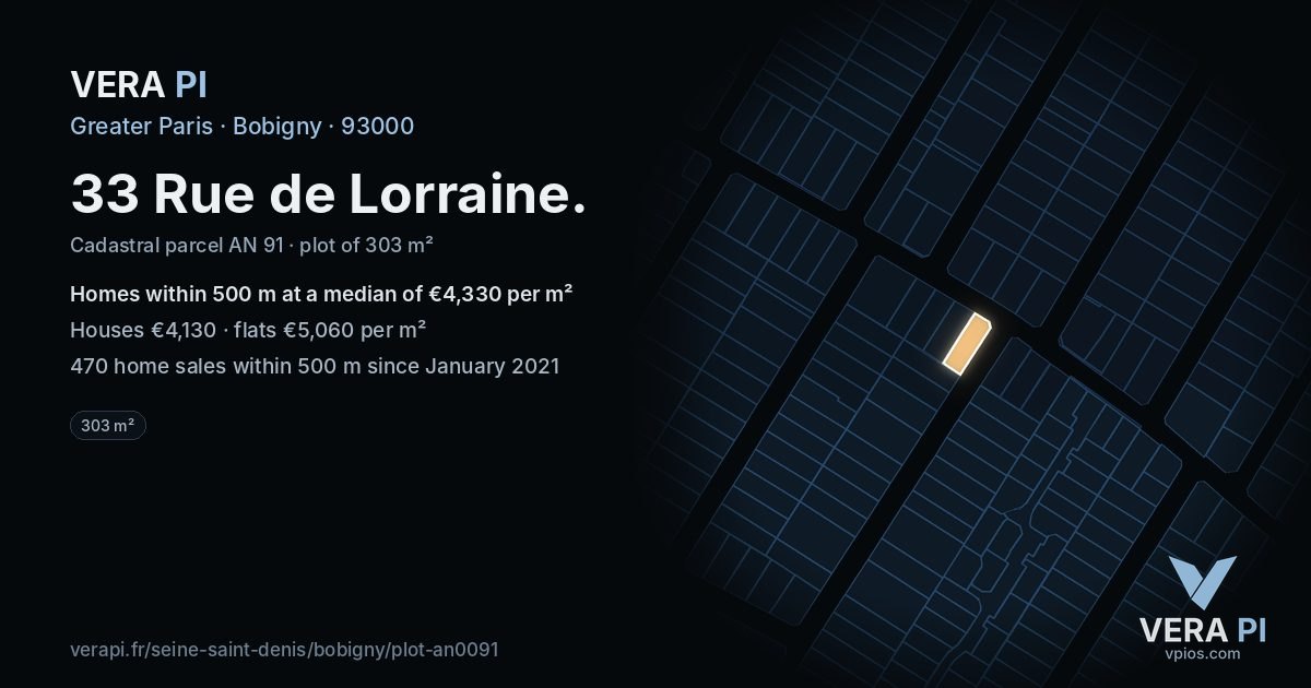 33 Rue de Lorraine, Bobigny at night – the plot lit, the parcels around coloured by the prices near them