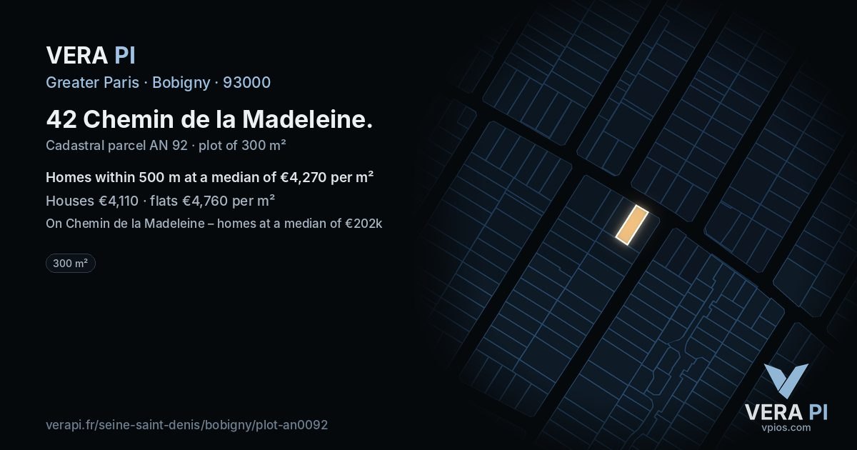42 Chemin de la Madeleine, Bobigny at night – the plot lit, the parcels around coloured by the prices near them