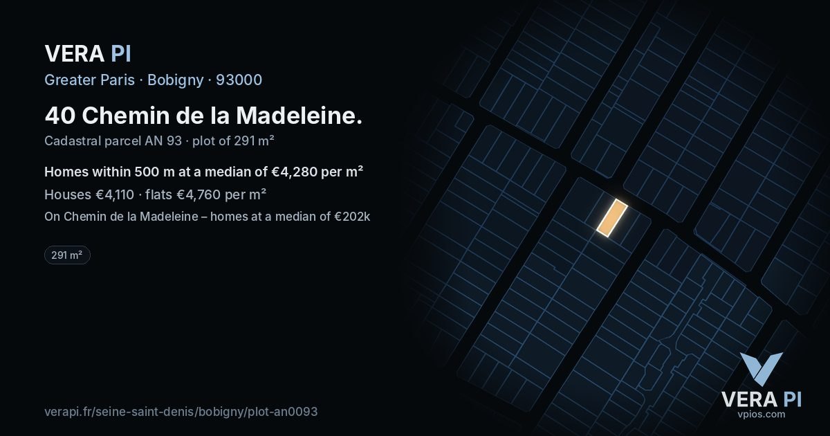 40 Chemin de la Madeleine, Bobigny at night – the plot lit, the parcels around coloured by the prices near them