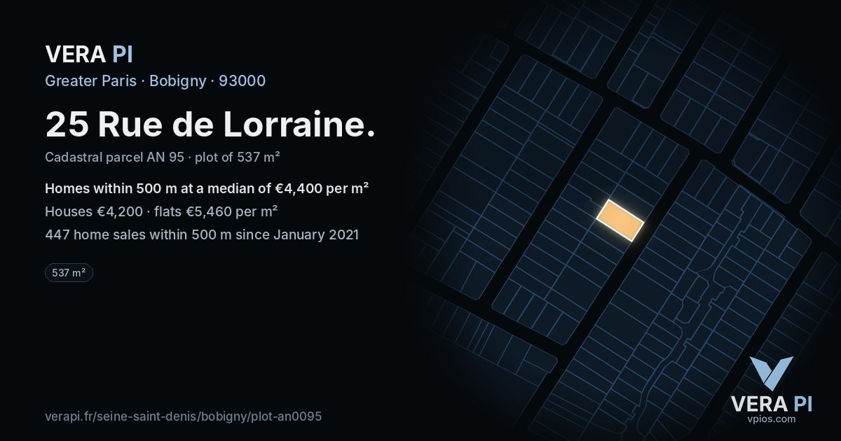 25 Rue de Lorraine, Bobigny at night – the plot lit, the parcels around coloured by the prices near them