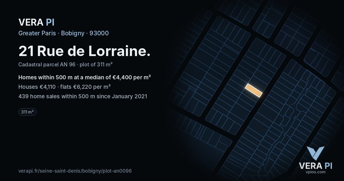 21 Rue de Lorraine, Bobigny at night – the plot lit, the parcels around coloured by the prices near them