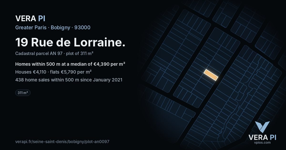 19 Rue de Lorraine, Bobigny at night – the plot lit, the parcels around coloured by the prices near them