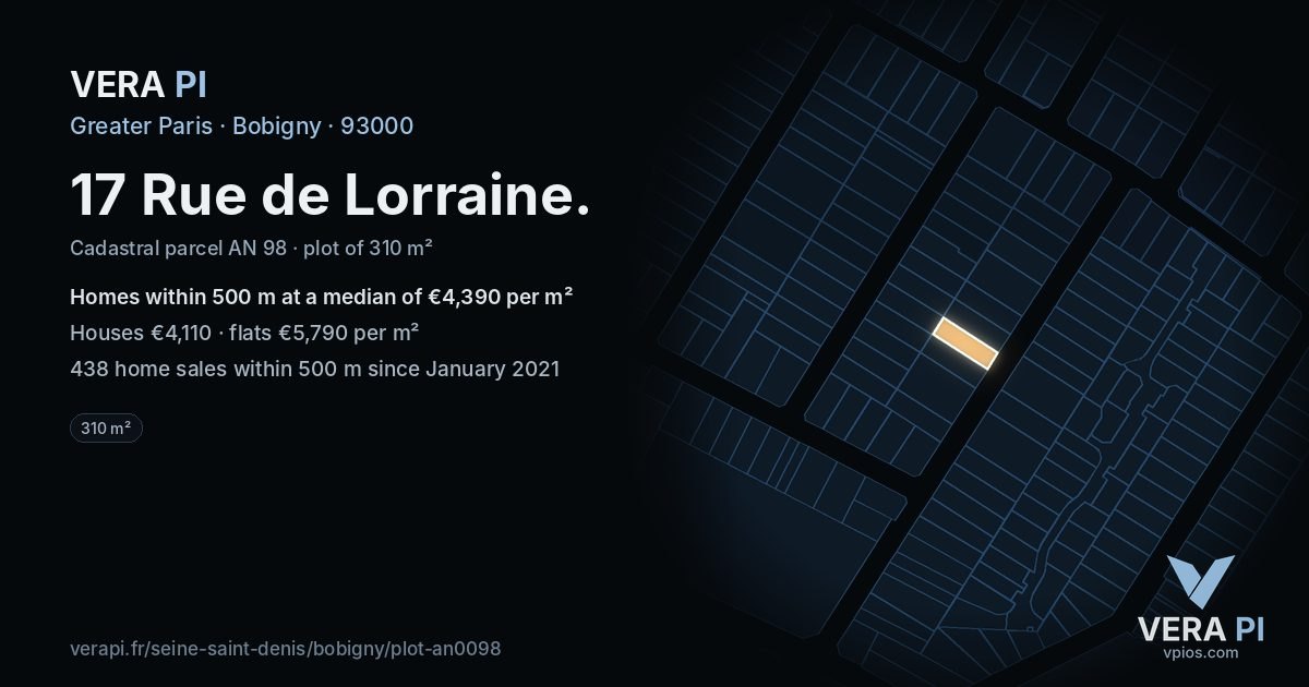 17 Rue de Lorraine, Bobigny at night – the plot lit, the parcels around coloured by the prices near them