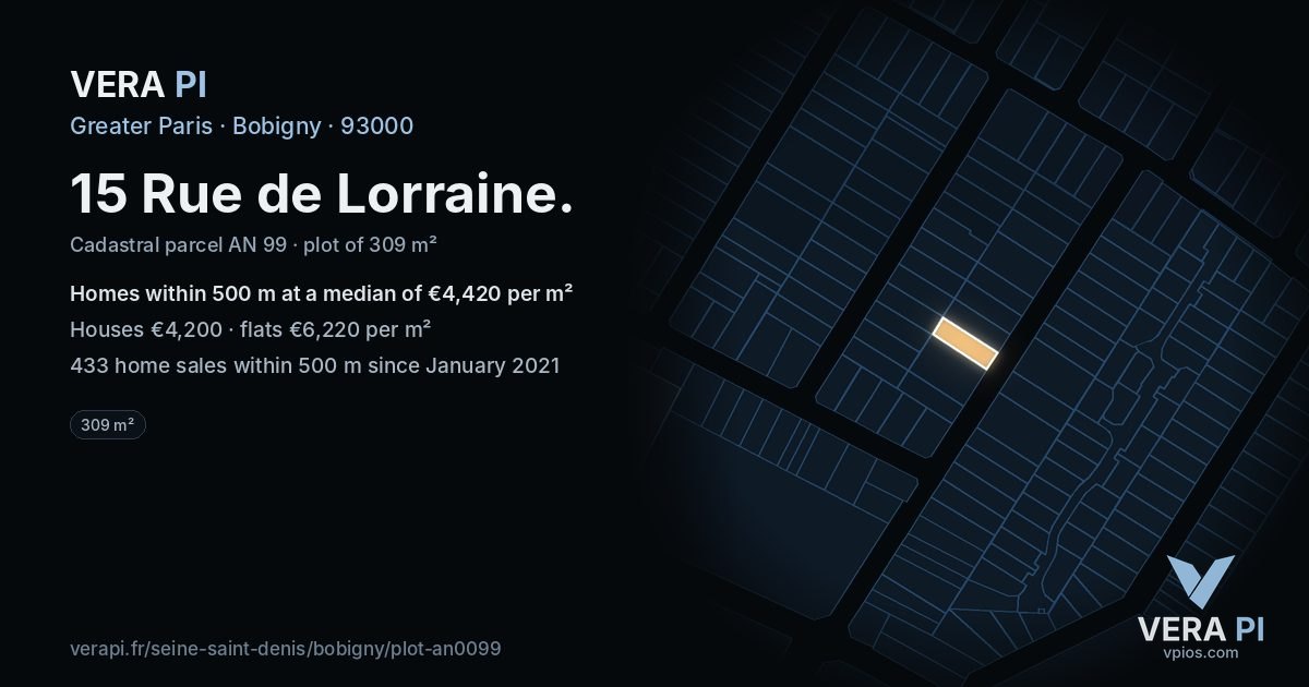 15 Rue de Lorraine, Bobigny at night – the plot lit, the parcels around coloured by the prices near them