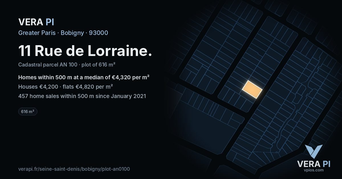 11 Rue de Lorraine, Bobigny at night – the plot lit, the parcels around coloured by the prices near them
