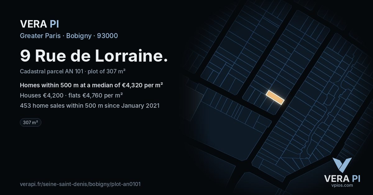 9 Rue de Lorraine, Bobigny at night – the plot lit, the parcels around coloured by the prices near them