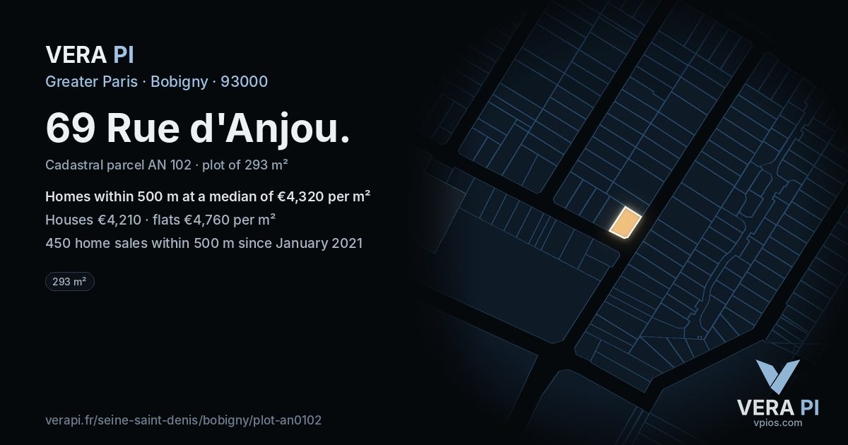 69 Rue d'Anjou, Bobigny at night – the plot lit, the parcels around coloured by the prices near them
