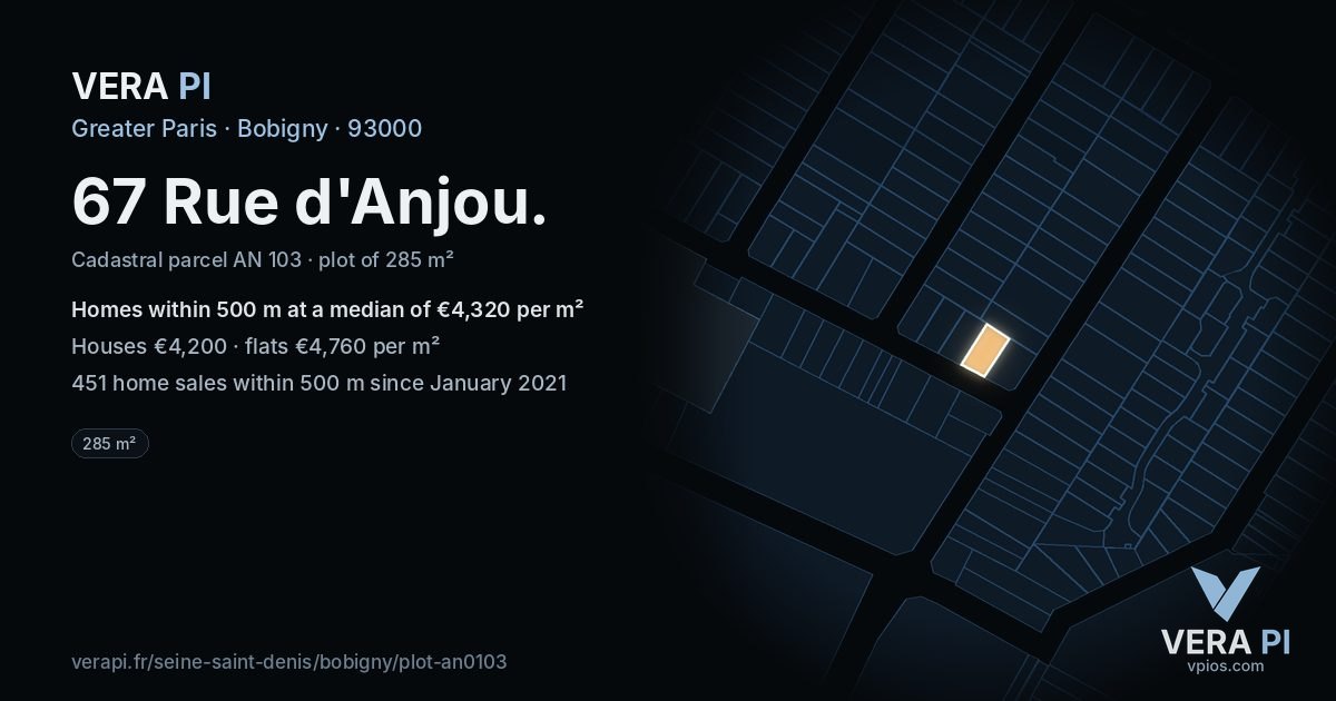 67 Rue d'Anjou, Bobigny at night – the plot lit, the parcels around coloured by the prices near them
