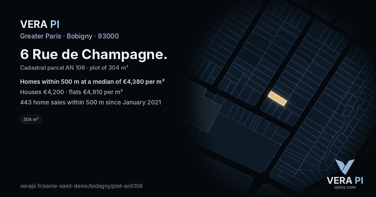 6 Rue de Champagne, Bobigny at night – the plot lit, the parcels around coloured by the prices near them