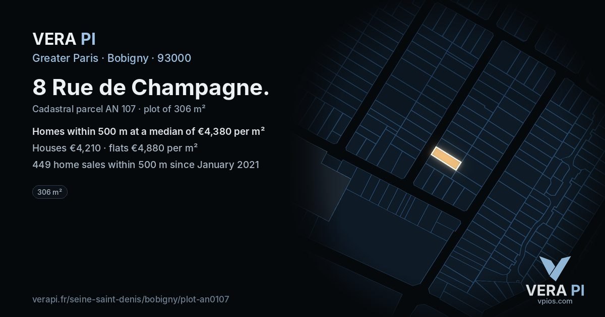 8 Rue de Champagne, Bobigny at night – the plot lit, the parcels around coloured by the prices near them