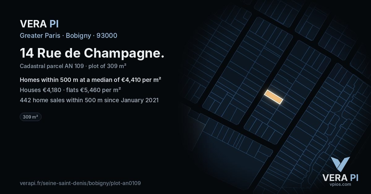 14 Rue de Champagne, Bobigny at night – the plot lit, the parcels around coloured by the prices near them
