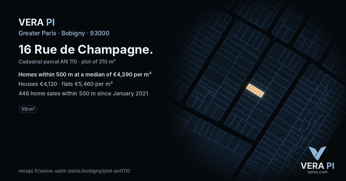 16 Rue de Champagne, Bobigny at night – the plot lit, the parcels around coloured by the prices near them