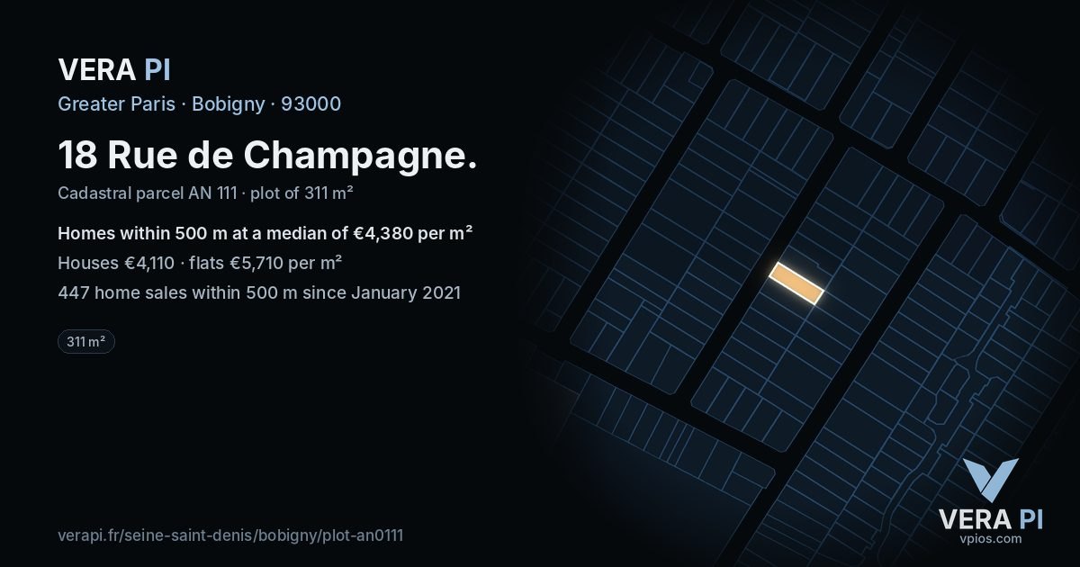 18 Rue de Champagne, Bobigny at night – the plot lit, the parcels around coloured by the prices near them