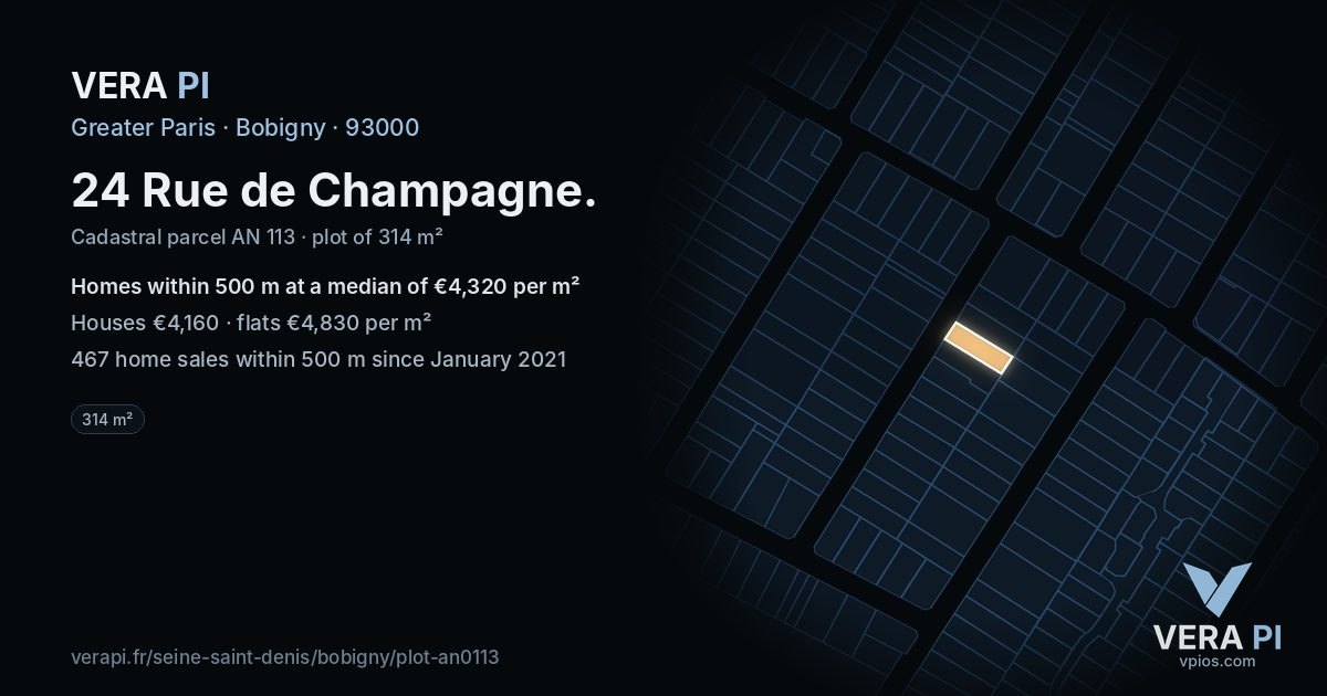 24 Rue de Champagne, Bobigny at night – the plot lit, the parcels around coloured by the prices near them